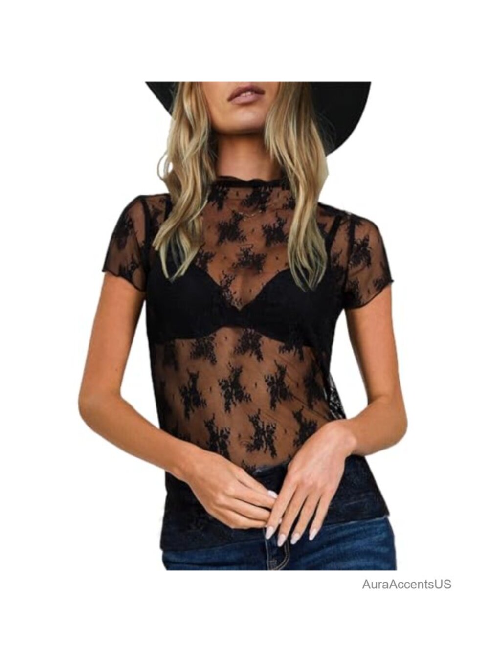 Women's Sheer Mesh Layering Top Mock Neck Floral Lace Short Sleeve